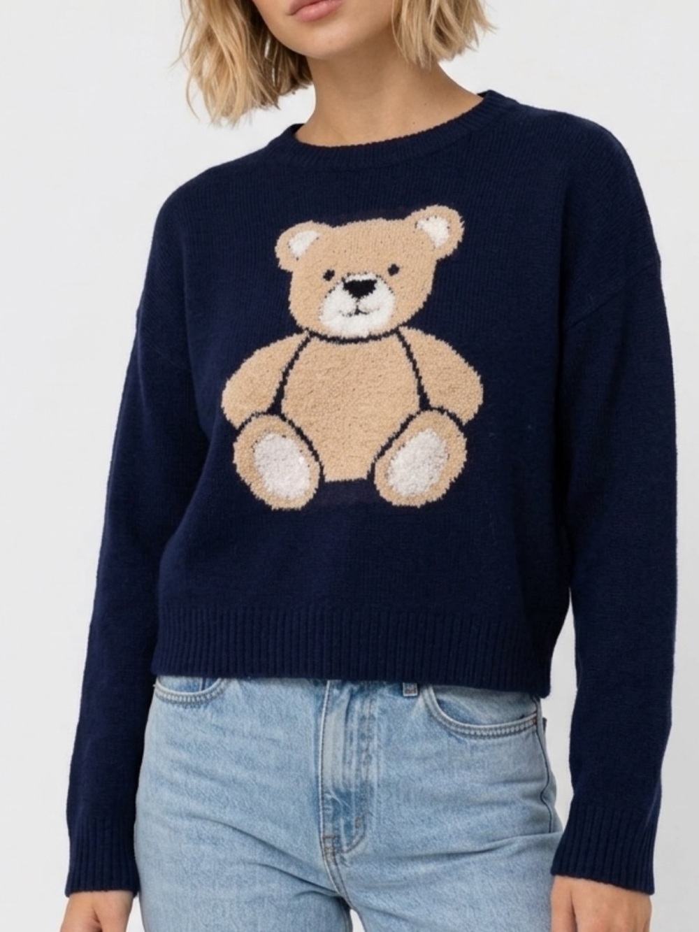 Navy Crewneck Sweater with Teddy Bear Motif